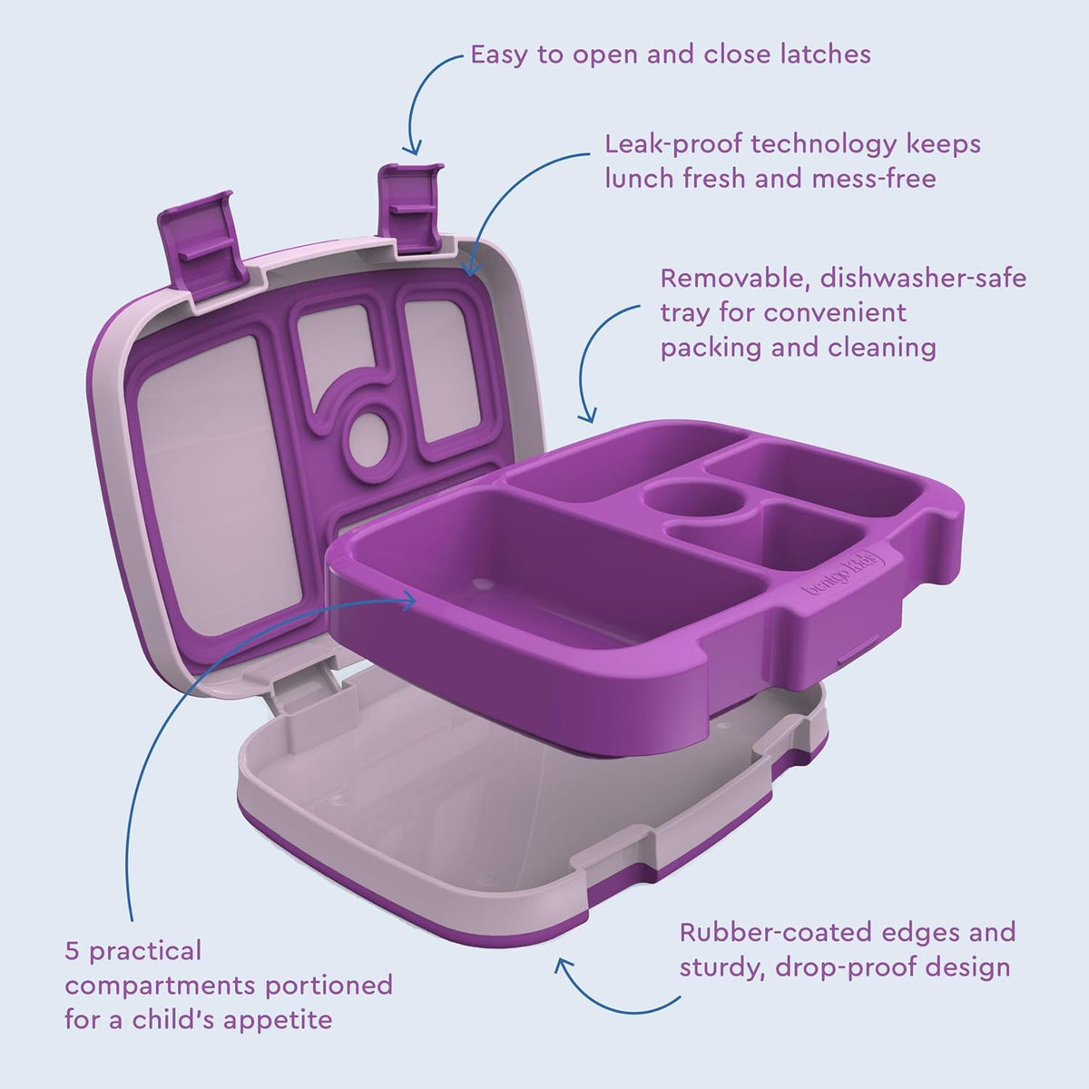 Bentgo Kids Bento-Style 5-Compartment Leak-Proof Lunch Box - Ideal Portion Sizes for Ages 3 to 7 - Durable, Drop-Proof, Dishwasher Safe, PFAS & BPA-Free & Made with Food-Safe Materials (Blue)