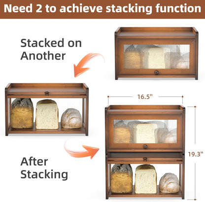 BAMBANG Bamboo Bread Box for Kitchen Countertop, Extra Large Farmhouse Bread Box with 4-Side Clear Panels, Wooden Bread Storage Container for Homemade Bread, Natural
