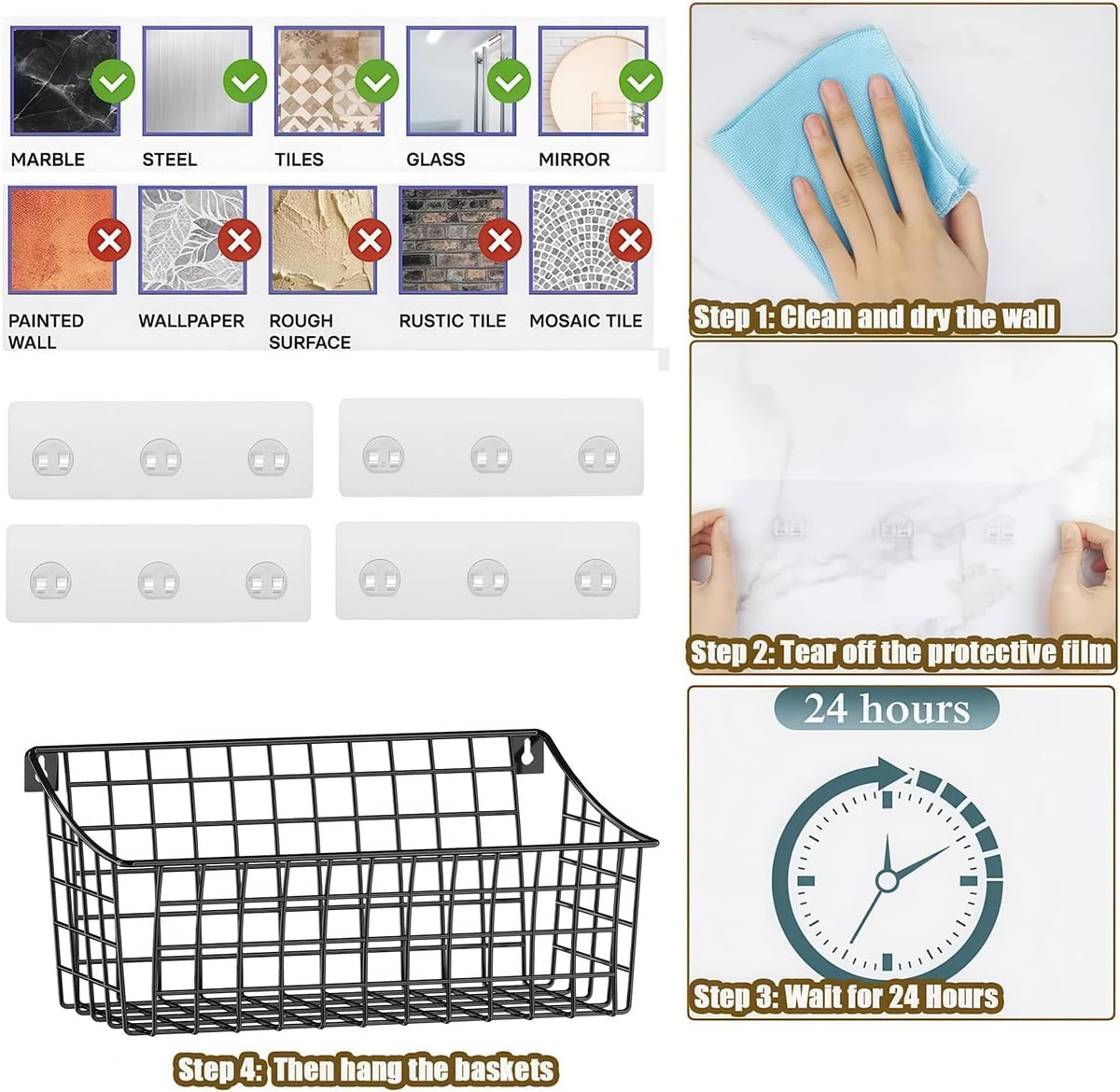 Sonyabecca 6 Pack Hanging Wall Basket for Organizing, Large Wire Basket for Storage Pantry with 5 S Hook+6 Adhesive Hook, Wall Mounted Shelf for Kitchen Bathroom