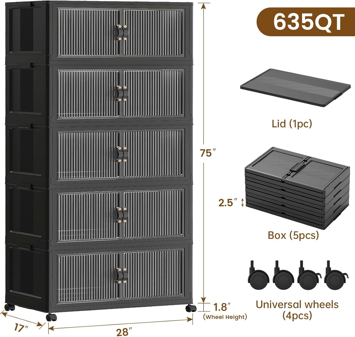 SAILUN 145Gal/580Qt Stackable Storage Bins Folding Collapsible Storage Bins with a Lid, Closet Organizers and Storage,White 26" W x 17" D x 71" H