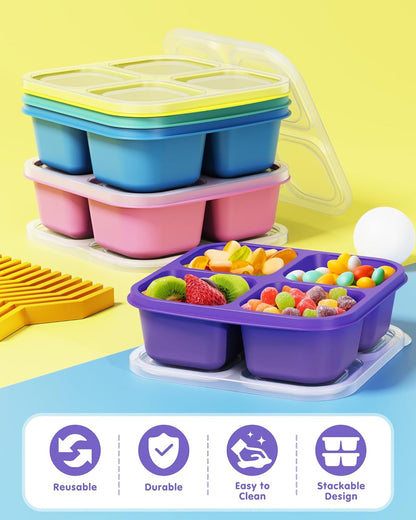 Canfanni 5 Pack Bento Snack Containers, 4 Compartment BPA-free Plastic Food Storage Containers, Divided Lunchable Container, Bento Lunch Box for Work and Travel