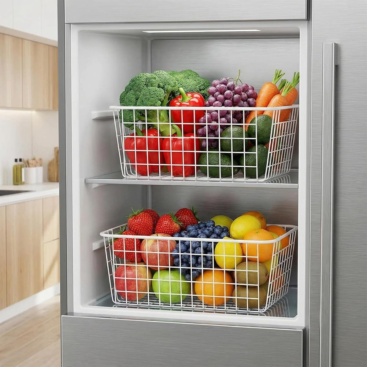 4 Pack White Wire Baskets for Pantry, 11" Upright Wire Freezer Storage Bins with Handles, Small White Metal Storage Basket for Freezer Organizing Office Kitchen Closets
