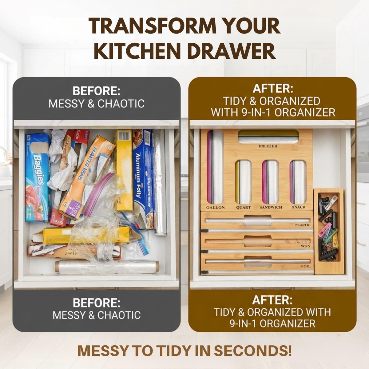 9 in 1 Bamboo Kitchen Drawer Organizer for Storage Bags, Foil & Plastic Wrap Holder with Built-In Cutter, Fits Gallon, Quart, Sandwich, and Snack