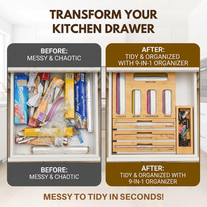 9 in 1 Bamboo Kitchen Drawer Organizer for Storage Bags, Foil & Plastic Wrap Holder with Built-In Cutter, Fits Gallon, Quart, Sandwich, and Snack