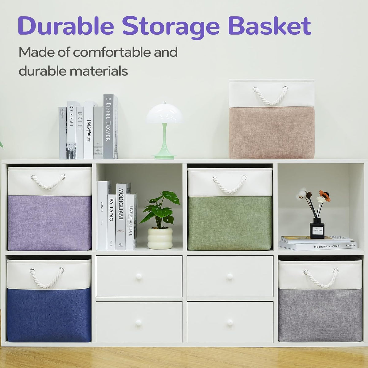 Large Storage Baskets- 15.7x11.8x8.26 inch Storage Bins for Shelves and Closet Organizing, Foldable Fabric Bin for Home Organization Clothes and Laundry (3-Pack, White&Khaki)