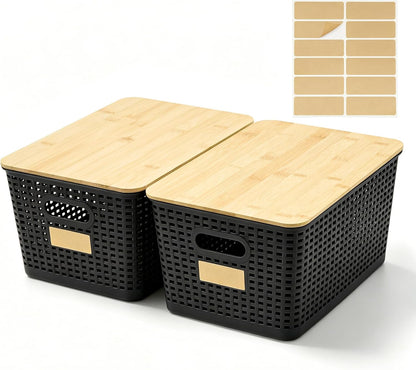 Bagnizer Small Plastic Storage Bins with Bamboo Lids 5.2qt Stackable Box Basket Pantry Decorative Containers Cute with Labels for Organizing Desktop Closet Office Cream White of 10*7.2*4.1"