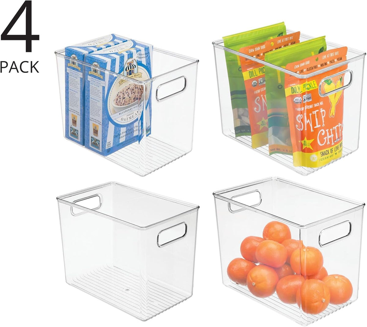 mDesign Plastic Deep Kitchen and Pantry Organizer Storage Bin with Handles for Cabinet, Fridge, Freezer - Food Storage Containers for Snacks, Yogurt Pouches or Fruit, Ligne Collection, 4 Pack, Clear