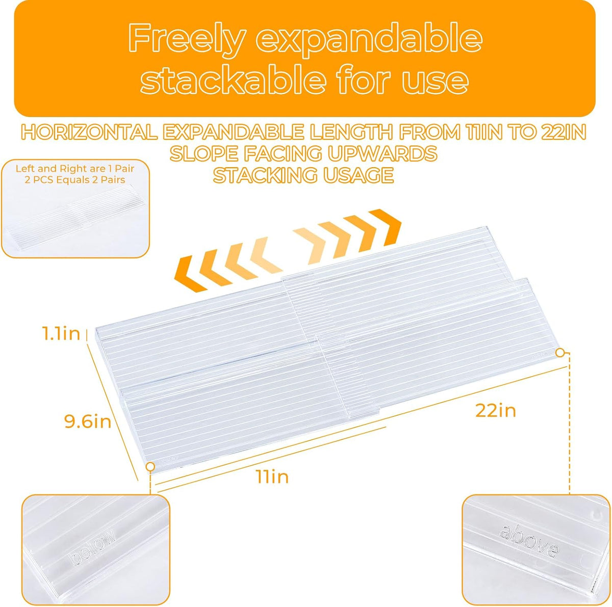 UFORU Acrylic Spice Drawer Organizer 4 Tier(4 Packs), Expandable from 11" to 22" Seasoning Organizer Tray for Kitchen - Clear Tiered Spice Rack for Drawer, No Assembly Required(Jars Not Included)