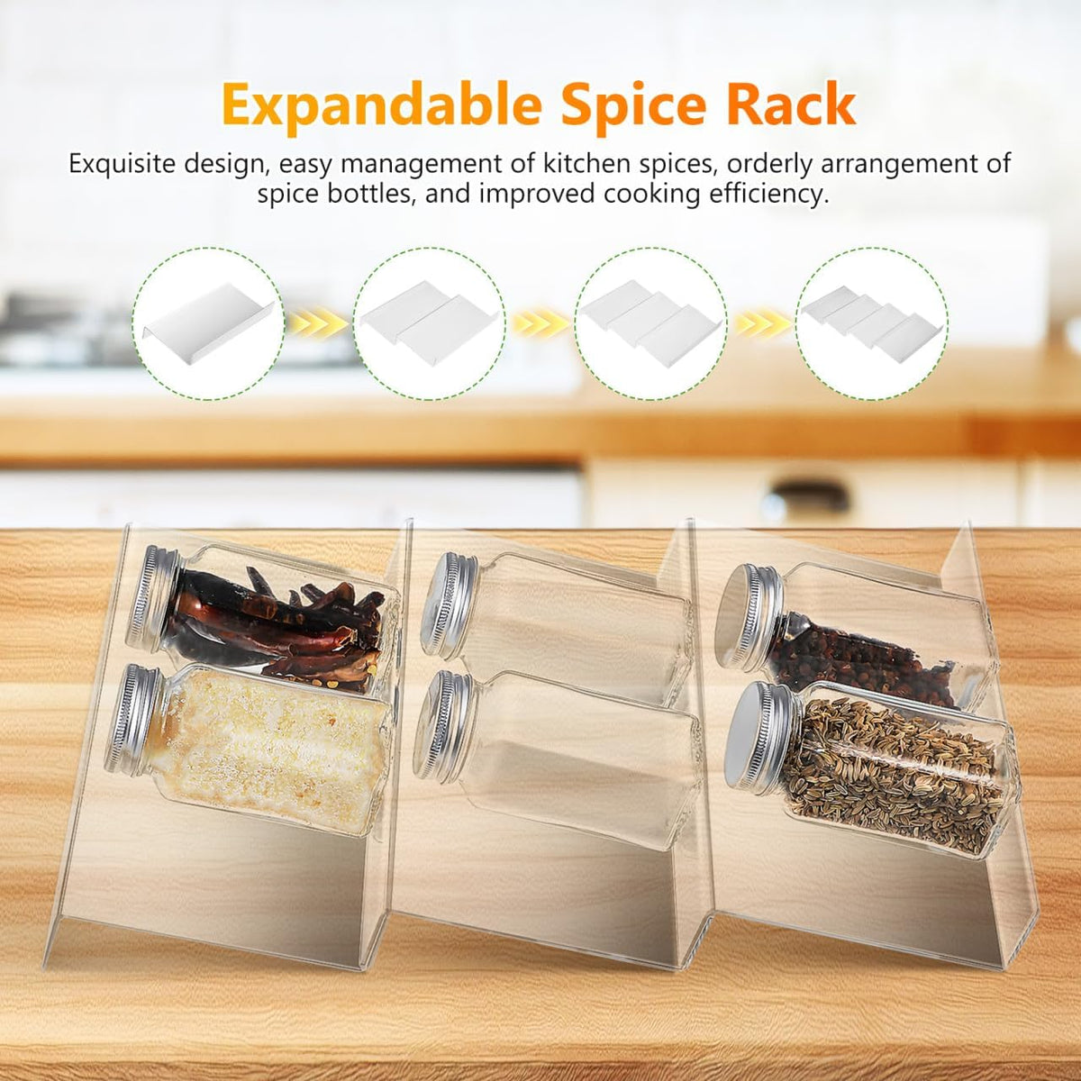 Cabilock 4 Pack Expandable Spice Drawer Organizer, Clear Acrylic 4-Tier Seasoning Rack Tray for Kitchen Drawers, Cabinets, Countertop, Pantry, Nail Polish and Small Bottles