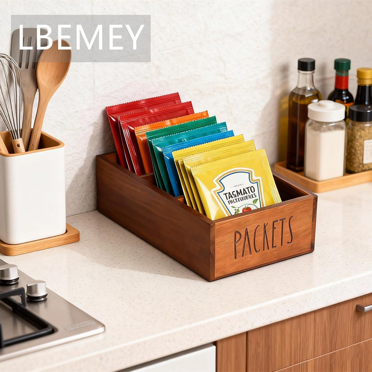LBEMEY Packet Organizer, Acacia Wood Packet Storage Organizer with 3 Compartments,Farmhouse Kitchen Organization for Spice, Gravy, Taco, and Dressings Packets for Kitchen, Brown Labeled Packets