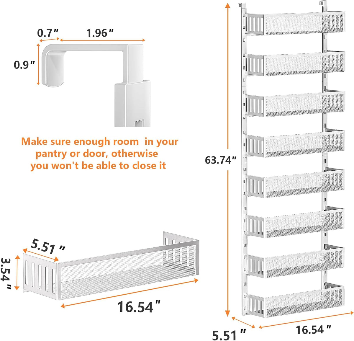 6-Tier Over The Door Pantry Organizer with Mesh Baskets, Adjustable & Stable Hanging Spice Rack for Kitchen, Bathroom, Bedroom, and Baby Essentials Storage