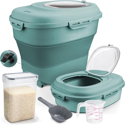 Komzon Rice Storage Bin Cereal Containers, 13-50lb Collapsible Rice Container Dispenser with Transparent Lid, Rolling Wheels, Measuring Cup and Scoop, Airtight Dog Cat Pet Food Storage Container Pink