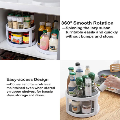 2 Tier Non Skid Spice Rack Turntable, 10 Inch Spinning Organizer, Non Skid Lazy Susan Turntable, 360° Rotating Seasoning Organizer for Kitchen, Pantry Cabinet, Refrigerator, Bathroom, Gray & White