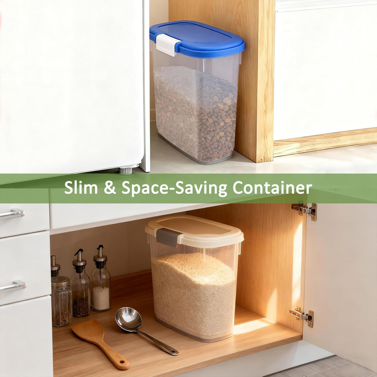 Large Rice Storage Container 15-20 Lbs, Tall Flour Container with Scoop + Cup - Slim Dry Food Storage Bin for Cereal, Sugar, Beans, Pet Dog Cat Food Container - Kitchen and Pantry Storage Organization