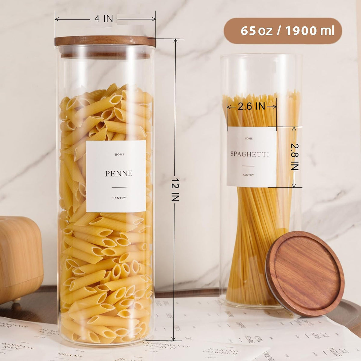 Glass Rice Containers with Acacia Wood Lids, 70oz Airtight Flour and Sugar Jars with 105 Labels, Large Glass Pantry Storage Jars for Cereal, Protein Powder, Cookies, Dry Food