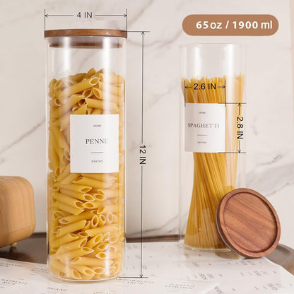 Glass Rice Containers with Acacia Wood Lids, 70oz Airtight Flour and Sugar Jars with 105 Labels, Large Glass Pantry Storage Jars for Cereal, Protein Powder, Cookies, Dry Food
