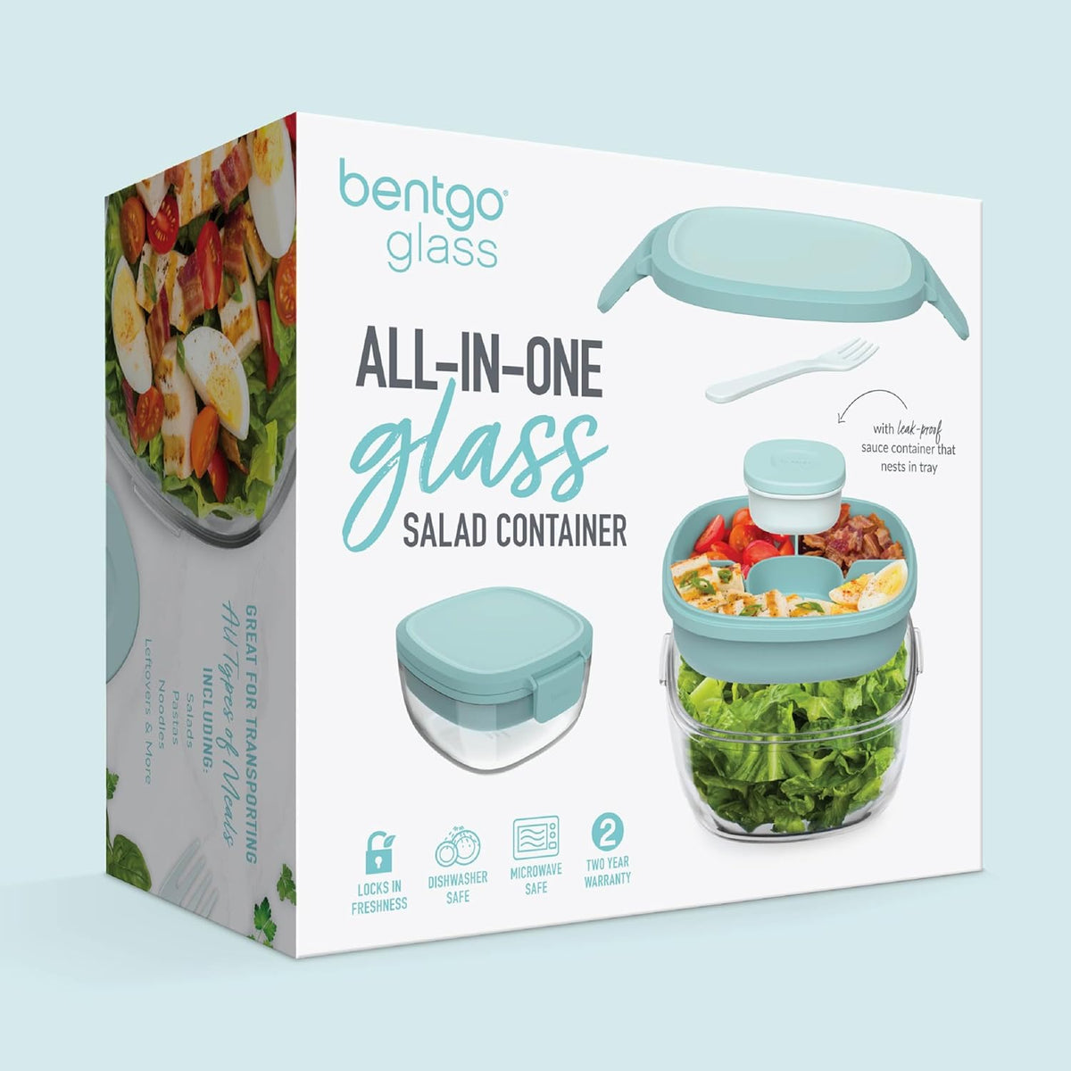 Bentgo Glass Prints Salad Container - 7.6-Cup Tinted Glass Salad Bowl with Airtight Lid, Leak-Proof Sauce Container, 4-Compartment Bento Meal Prep Tray & Reusable Fork (Floral Maximalist - Sea)