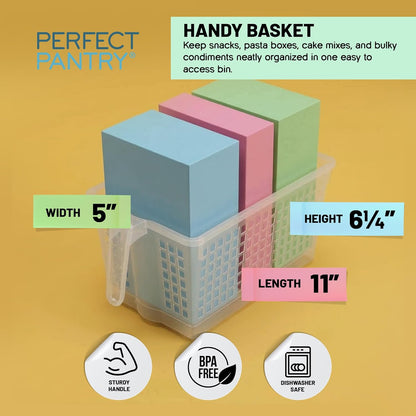 Handy Basket – Kitchen Discovery – Kitchen Pantry Organizers and Storage - Plastic Organizer Bins with Handles in Large Size for Chip Bags, Cake Mixes, Pasta, and Condiments