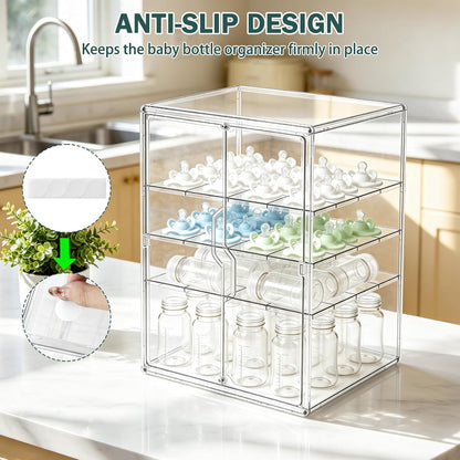 Baby Bottle Organizer, 3-Tier Bottle Storage for Countertop with Double Magnetic Doors, Clear Plastic Bottle Station Organizer Mom Gifts with 2 Dividers for Kitchen, Bathroom, Cabinet, Vanity