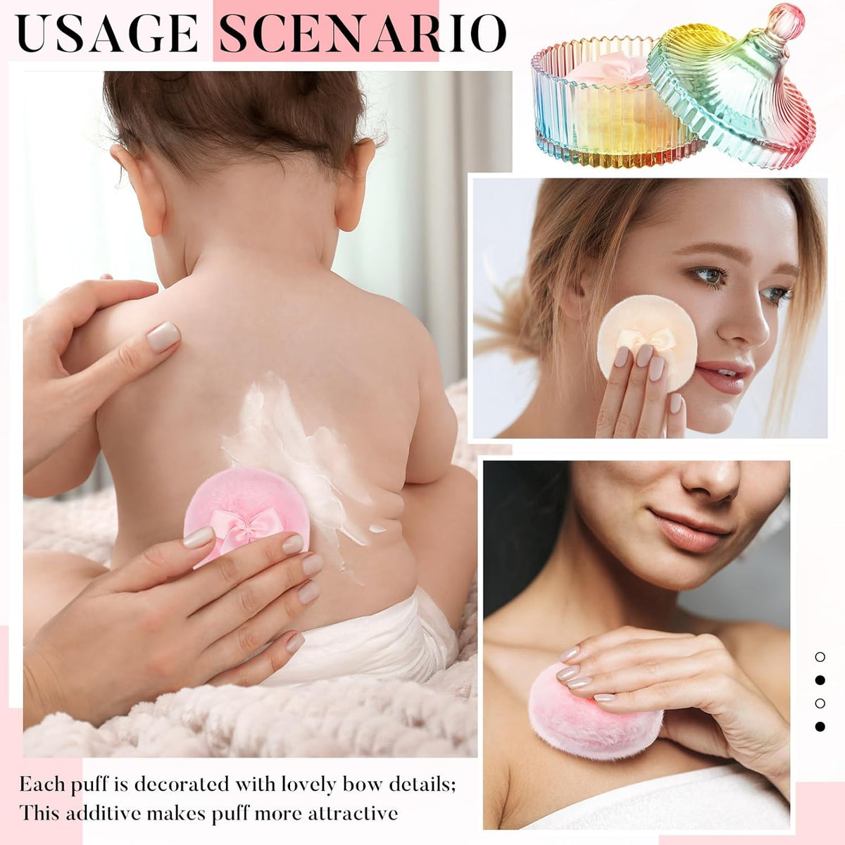 Tioncy 3 Pcs Large Body Powder Puff and Container Valentine's Day gift Powder Container with Puff Crystal Case Soft Washable Reusable Velour Face Body Glitter Wet Dry Makeup (Classic,Clear)