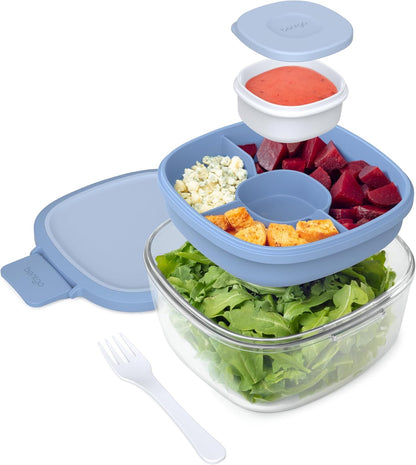 Bentgo Glass Prints Salad Container - 7.6-Cup Tinted Glass Salad Bowl with Airtight Lid, Leak-Proof Sauce Container, 4-Compartment Bento Meal Prep Tray & Reusable Fork (Floral Maximalist - Sea)