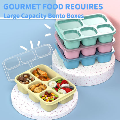 Bento Box Adult Lunch Box - 4 Pack, 5 - Compartment Meal Prep Container for Kids, Reusable Food Storage Snack Containers - Stackable for School, Work, and Travel (Wheat(Green/Blue/Pink/Beige))