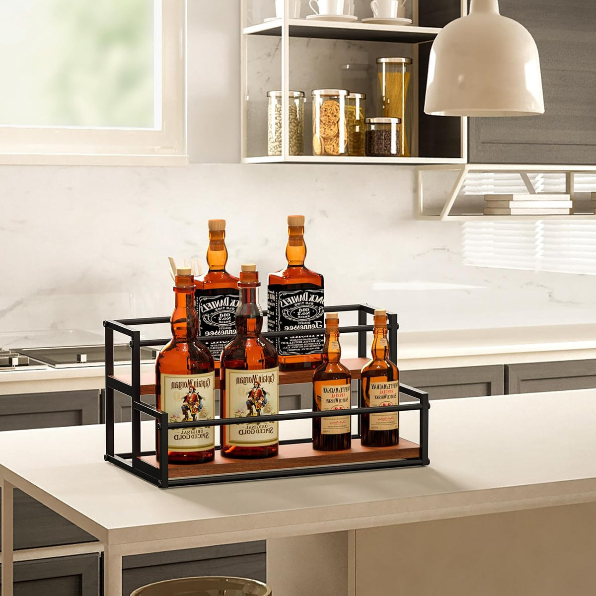 THYGIFTREE Coffee Syrup Rack Organizer 2-Tier 10 Syrup Bottles Holder Stand Metal with Wood Base for Coffee Bar Storage Shelves for Kitchen Countertop Matte Black