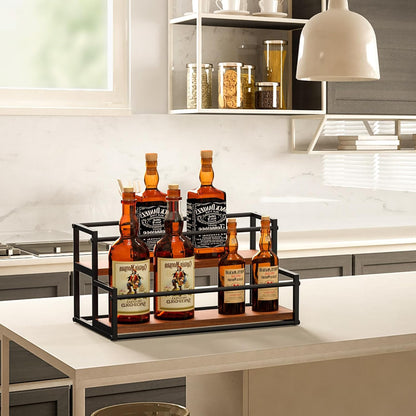 THYGIFTREE Coffee Syrup Rack Organizer 2-Tier 10 Syrup Bottles Holder Stand Metal with Wood Base for Coffee Bar Storage Shelves for Kitchen Countertop Matte Black