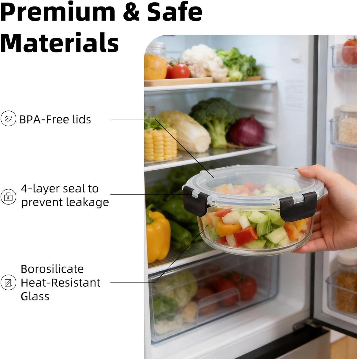 Konokyo Round Glass Food Storage Containers with Lids, 12 Pack Airtight Leakproof Meal Prep Containers, BPA-Free, Microwave Oven Freezer & Dishwasher Safe, Assorted Sizes