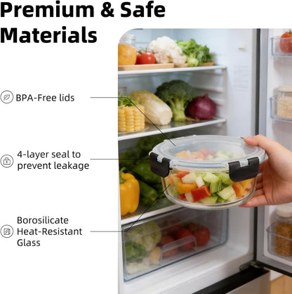 Konokyo Round Glass Food Storage Containers with Lids, 12 Pack Airtight Leakproof Meal Prep Containers, BPA-Free, Microwave Oven Freezer & Dishwasher Safe, Assorted Sizes