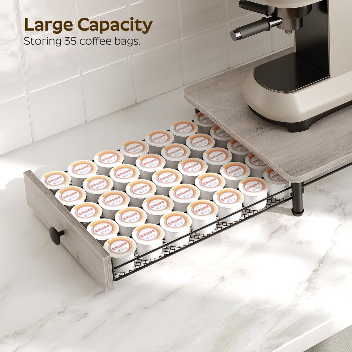 YATINEY Coffee Pod Drawer Holder, Coffee Pod Drawer for K Cup, 35 Capacity Coffee Capsules Storage Organizer, Sliding Mesh Basket, for Home Office, Kitchen, Rustic Brown KH08BRG1