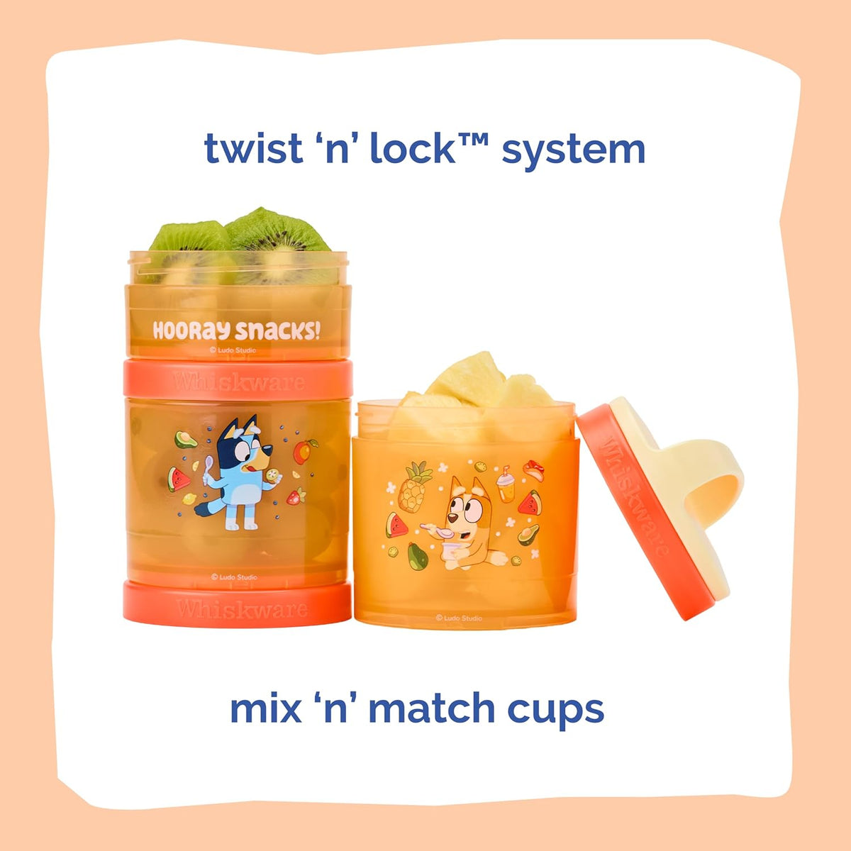 Whiskware Bluey Stackable Snack Containers for Babies, Toddlers, and Kids, 3 Stackable Snack Cups for School and Travel, Cupholder Friendly, Bluey and Bingo! Let’s Do This!