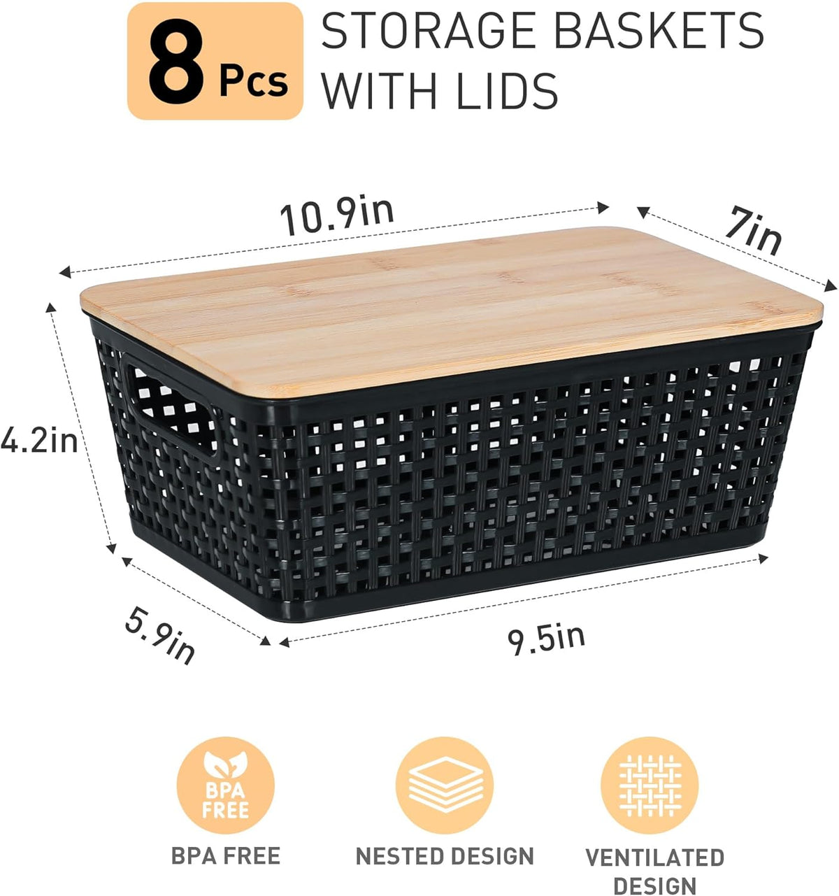 Small Storage Bins with Lids 6 Packs, Plastic Storage Basket with Bamboo Lid for Pantry Organization and Storage Containers for Shelves Drawers Desktop Closet Playroom Office Home, White