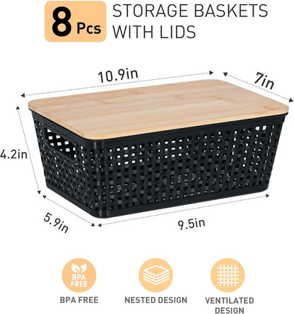 Small Storage Bins with Lids 6 Packs, Plastic Storage Basket with Bamboo Lid for Pantry Organization and Storage Containers for Shelves Drawers Desktop Closet Playroom Office Home, White