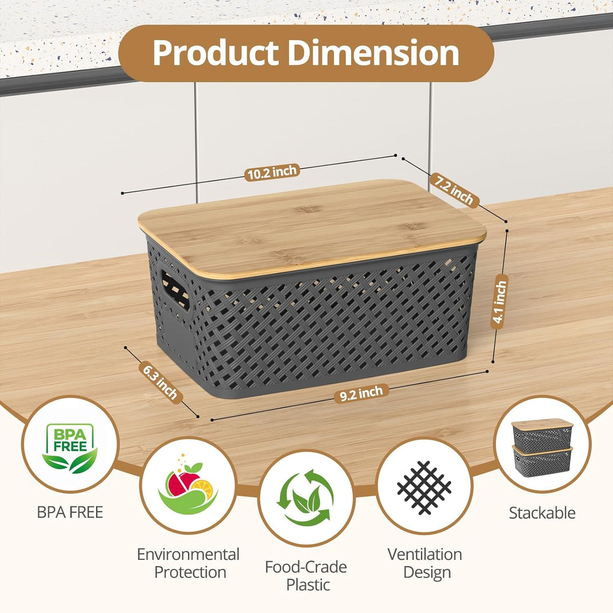 Plastic Storage Bins with Bamboo Lids, Stackable Small Box Baskets for Organizing and Containers for Shelves Drawers Desktop Closet Pantry Classroom Office Home, 6 Pack 10.2x7.2x4.1 Inch, Black