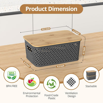 Plastic Storage Bins with Bamboo Lids, Stackable Small Box Baskets for Organizing and Containers for Shelves Drawers Desktop Closet Pantry Classroom Office Home, 6 Pack 10.2x7.2x4.1 Inch, Black