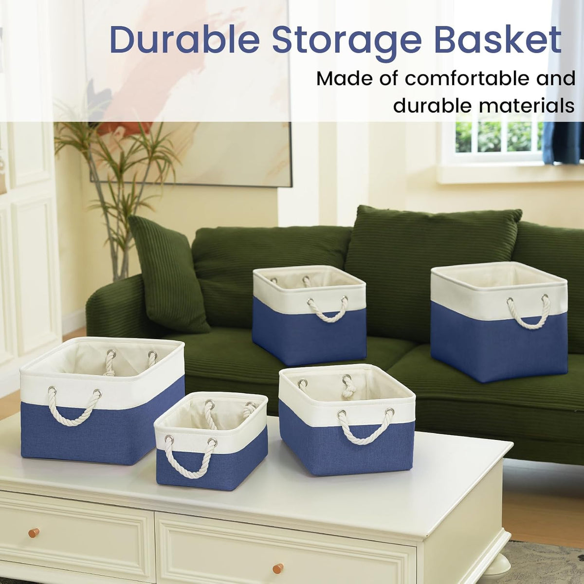 Large Storage Baskets- 15.7x11.8x8.26 inch Storage Bins for Shelves and Closet Organizing, Foldable Fabric Bin for Home Organization Clothes and Laundry (3-Pack, White&Khaki)