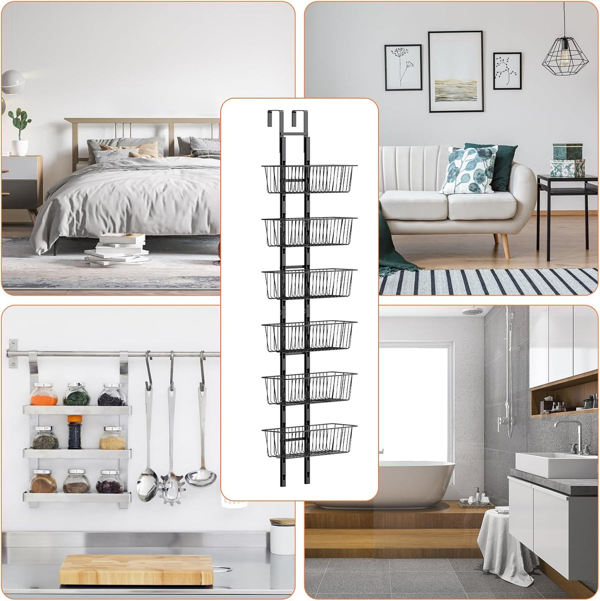 10 Tier Over the Door Pantry Organizer, Over the Door Spice Rack with Adjustable Baskets, Metal Hanging Door Pantry Organizers and Storage for Kitchen Bathroom Bedroom, White