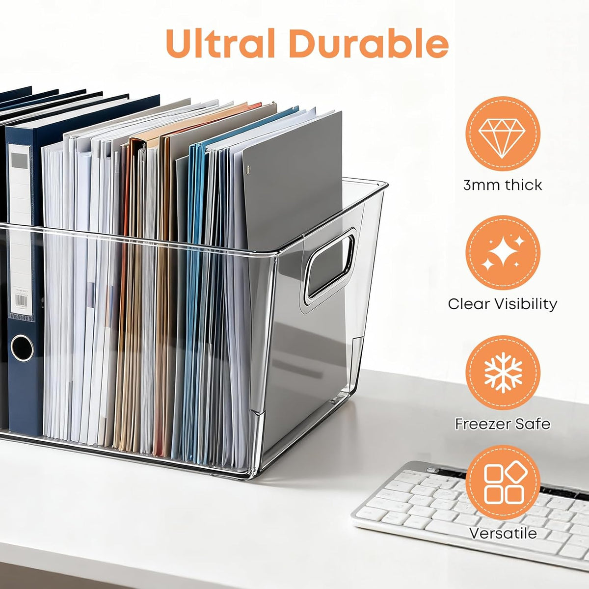 MOONEDGE Set of 4 Clear Plastic Organizer Bins, 2 Large & 2 Small Storage Bins for Pantry, Nestable Space-Saving Containers for Cabinets, Under-Sink, Bathroom, Kitchen & Freezer Organization
