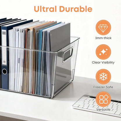 MOONEDGE Set of 4 Clear Plastic Organizer Bins, 2 Large & 2 Small Storage Bins for Pantry, Nestable Space-Saving Containers for Cabinets, Under-Sink, Bathroom, Kitchen & Freezer Organization