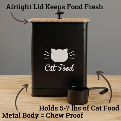 Cat Food Storage Container with Scoop - 5-7 lb (25 Cup) Capacity Metal Cat Food Container with Airtight Bamboo Lid and Metal Scoop - Airtight Pet Food Storage Containers 5 lb - 7 lb Kibble Container