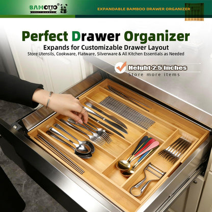BAMOTTO CRAFTBAMBOO Stack Bamboo Drawer Organizer Set of 5, Kitchen Utensil, Flatware&Silverware Organizer-Wood Laminated Stackable for Kitchen, Bedroom, 13.4''x4.5''*2+10.2''x3.3''*2+10.2''x6.7''*1