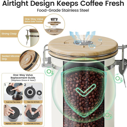 Veken Coffee Canister with Window, Family Choice Awards Winner, Airtight Stainless Steel Home Kitchen Food Storage Container with Lids for Grounds, Beans, Tea, Flour,Cereal,Sugar Jars,Scoop,16OZ,Black
