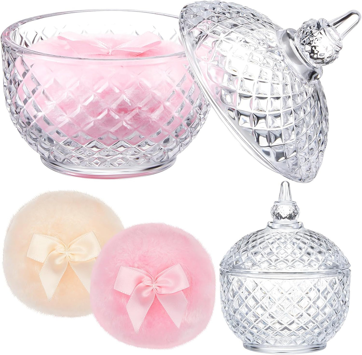 Tioncy 3 Pcs Large Body Powder Puff and Container Valentine's Day gift Powder Container with Puff Crystal Case Soft Washable Reusable Velour Face Body Glitter Wet Dry Makeup (Classic,Clear)