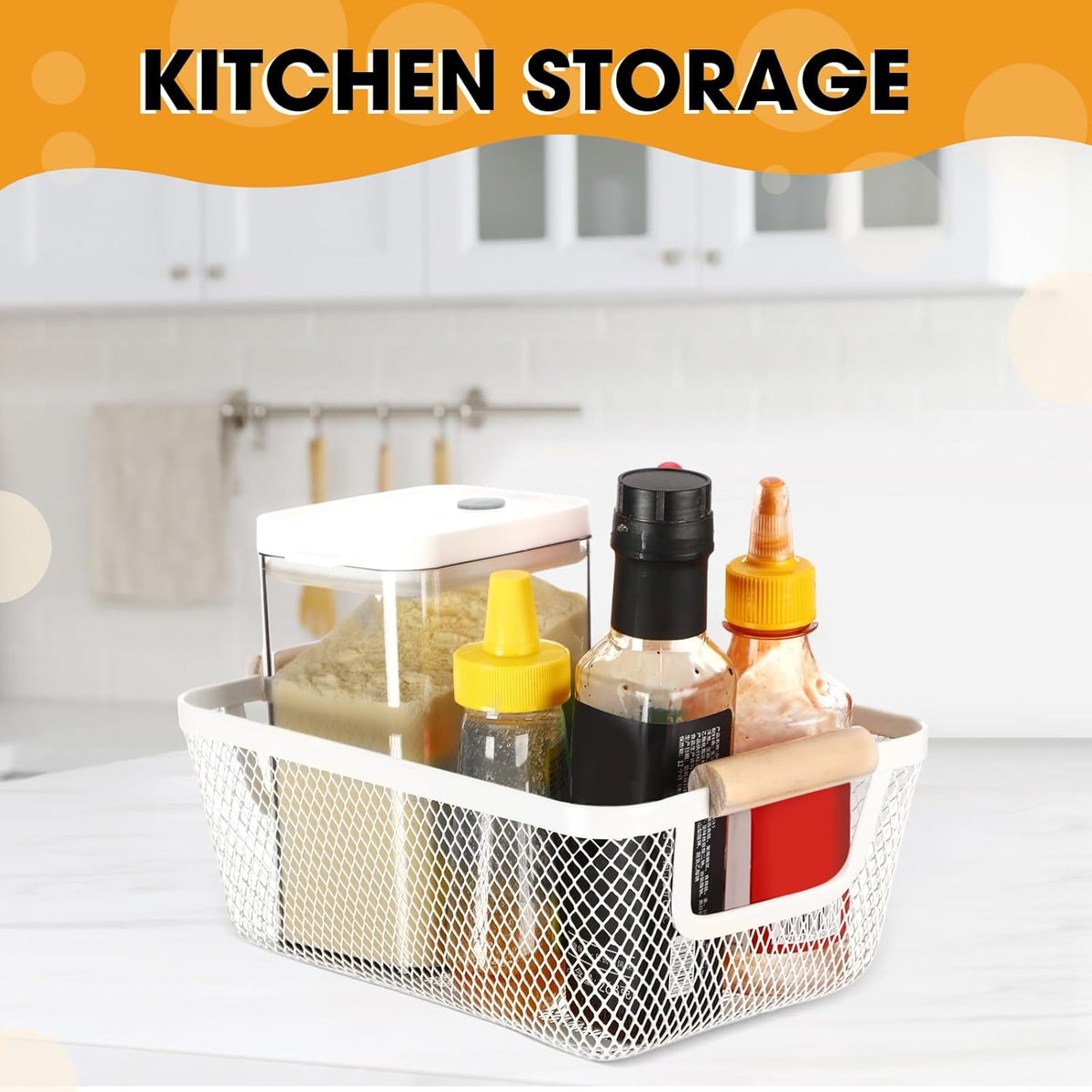 Ziliny 4 Pcs Metal Mesh Wire Baskets with Wooden Handles for Organizing, Pantry Organizers and Storage Steel Bin Kitchen Baskets for Fruit Potato Onion Snacks Bathroom Cabinet(Small,Black)