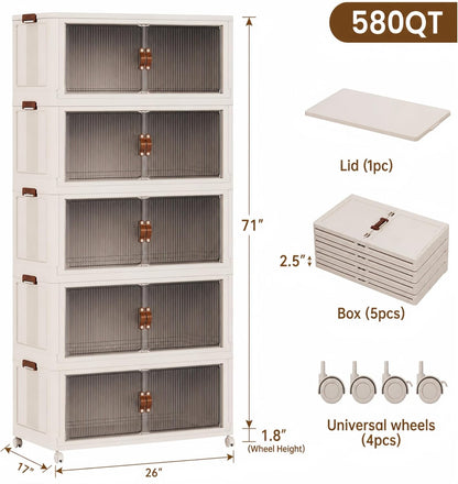 SAILUN 145Gal/580Qt Stackable Storage Bins Folding Collapsible Storage Bins with a Lid, Closet Organizers and Storage,White 26" W x 17" D x 71" H