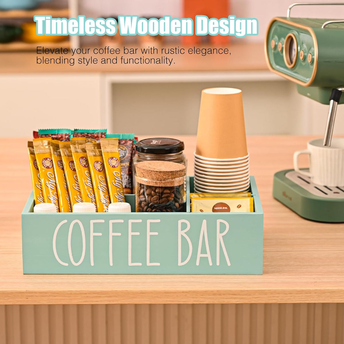 STORAGENIE Wooden Coffee Station Organizer – Removable Dividers, Storage for Coffee Pods, Tea Bags & Accessories, Oasis Blue (11.8" x 7.87" x 3.15")
