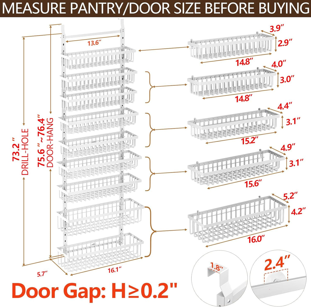 POKIPO 9 Tier Over The Door Pantry Organizer, 2 in 1 Wall Mount or Hanging Spice Rack with Adjustable Deep Basket, Heavy-Duty Seasoning Organizer and Storage for Kitchen Cabinet Closet Bathroom