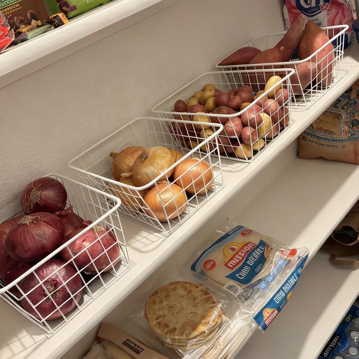4 Pack White Wire Baskets for Pantry, 11" Upright Wire Freezer Storage Bins with Handles, Small White Metal Storage Basket for Freezer Organizing Office Kitchen Closets