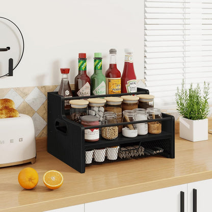 Homode 3-Tier Coffee Bar Organizer, 8 Bottle Syrup Stand with 35 Coffee Pod Storage Drawer, Rustic Wood & Metal Countertop Liquor Bottle Holder for Kitchen, Black
